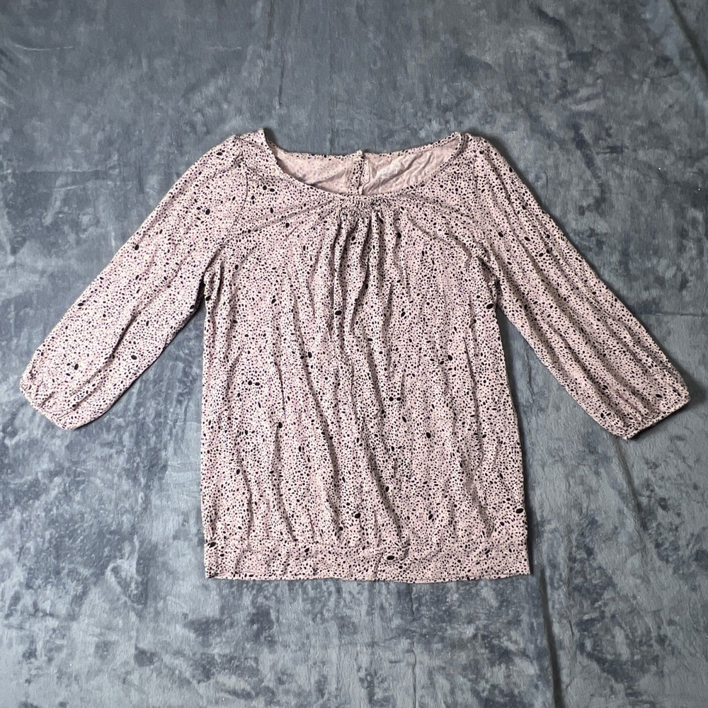 Ann Taylor LOFT Women Large Mauve Black Dot Button Back 3/4 Sleeve Blouse Top